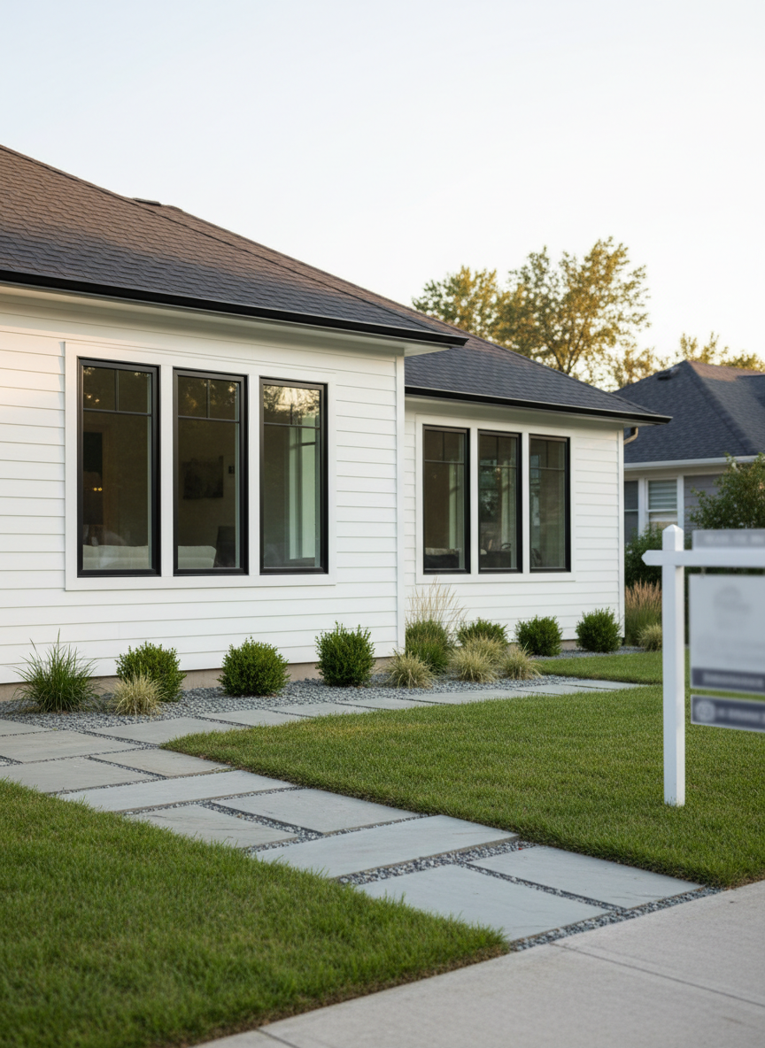 A contemporary suburban home exterior with crisp white siding, dark gray roof, and large energy-efficient windows, showcased from the curb at eye level. A freshly manicured lawn, neat stone walkway, and simple modern landscaping create a welcoming entrance. Soft late-afternoon natural light casts gentle shadows across the facade, highlighting clean lines and high-quality materials. A real estate yard sign staked near the sidewalk is intentionally blurred, suggesting an active listing without readable text or logos. Photographic realism with sharp focus on the house and a slightly softened background, conveying trust, professionalism, and an inviting, move-in-ready property ideal for a real estate blog homepage hero image.