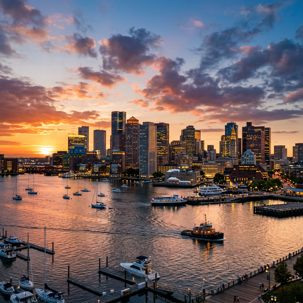 Boston skyline at sunset with boats in the harbor and colorful sky