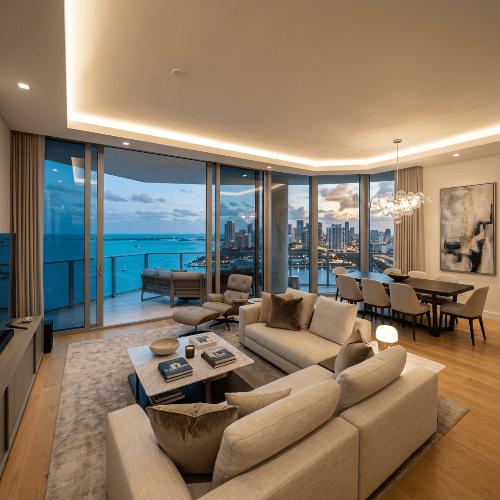 Luxury apartment living room and dining area with city and ocean view through large glass windows