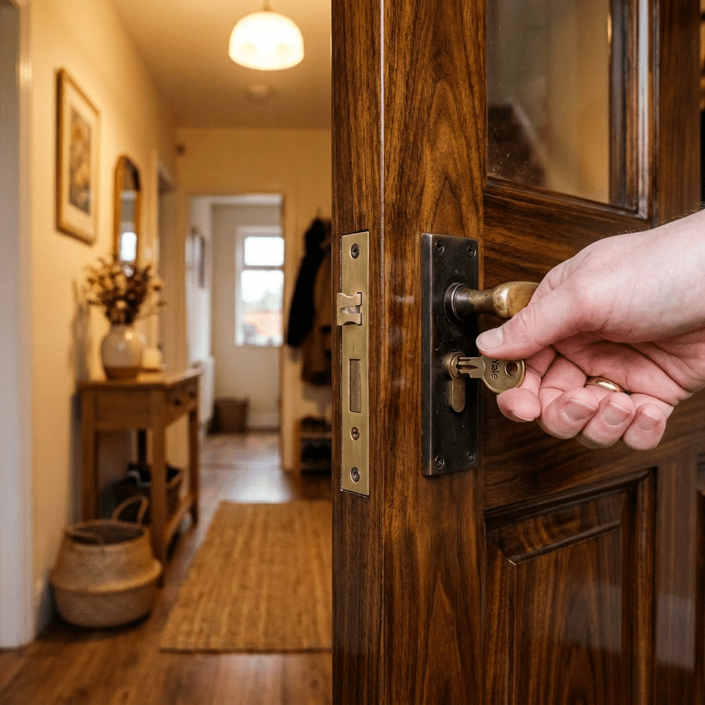 Hand turning key in lock of teal blue door opening to a warm hallway