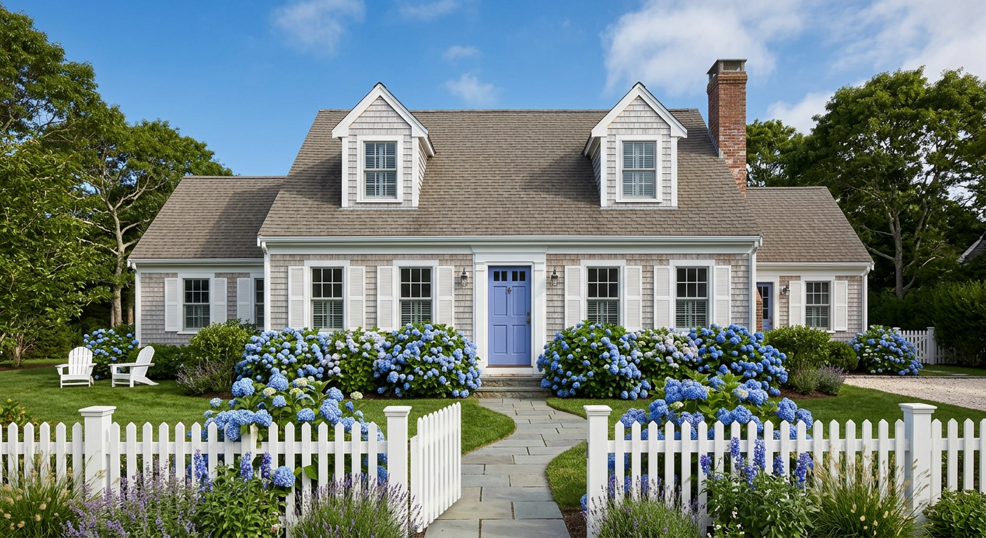 Suburban house with blue front door, white picket fence, and blue hydrangea bushes