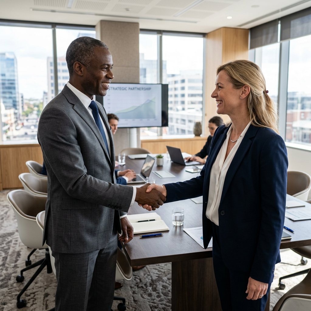 Two business professionals smiling and shaking hands in a conference room.