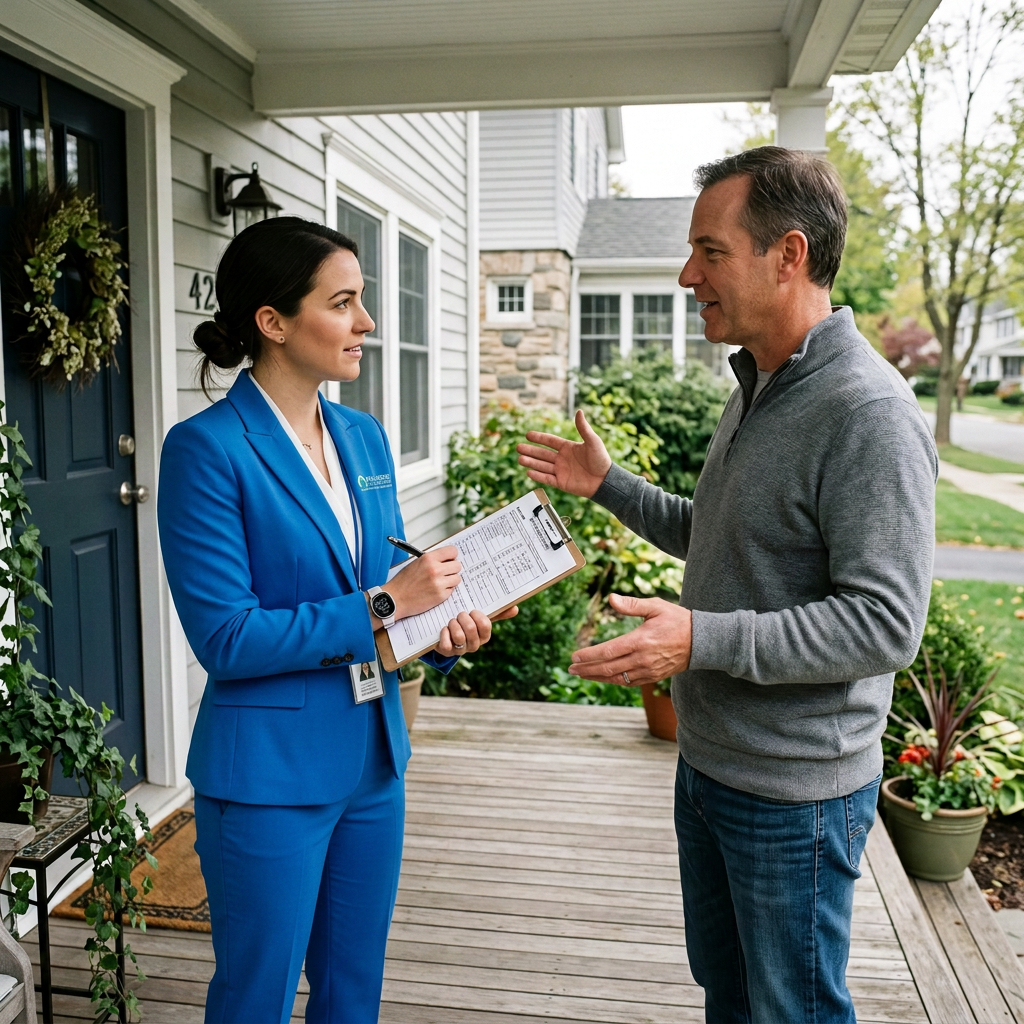 Energy auditor holding clipboard talking to homeowner outside a house