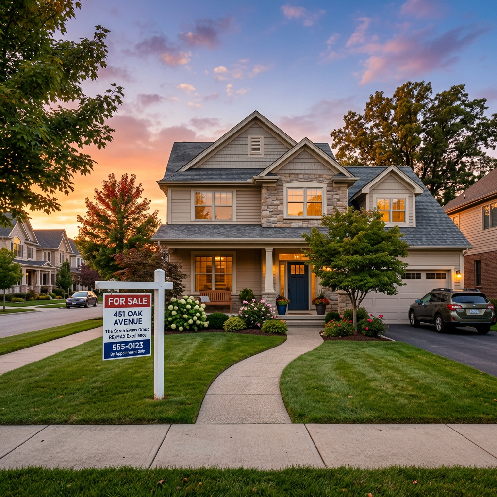 Two-story suburban house with stone and siding exterior, front porch, for sale sign, and driveway with car