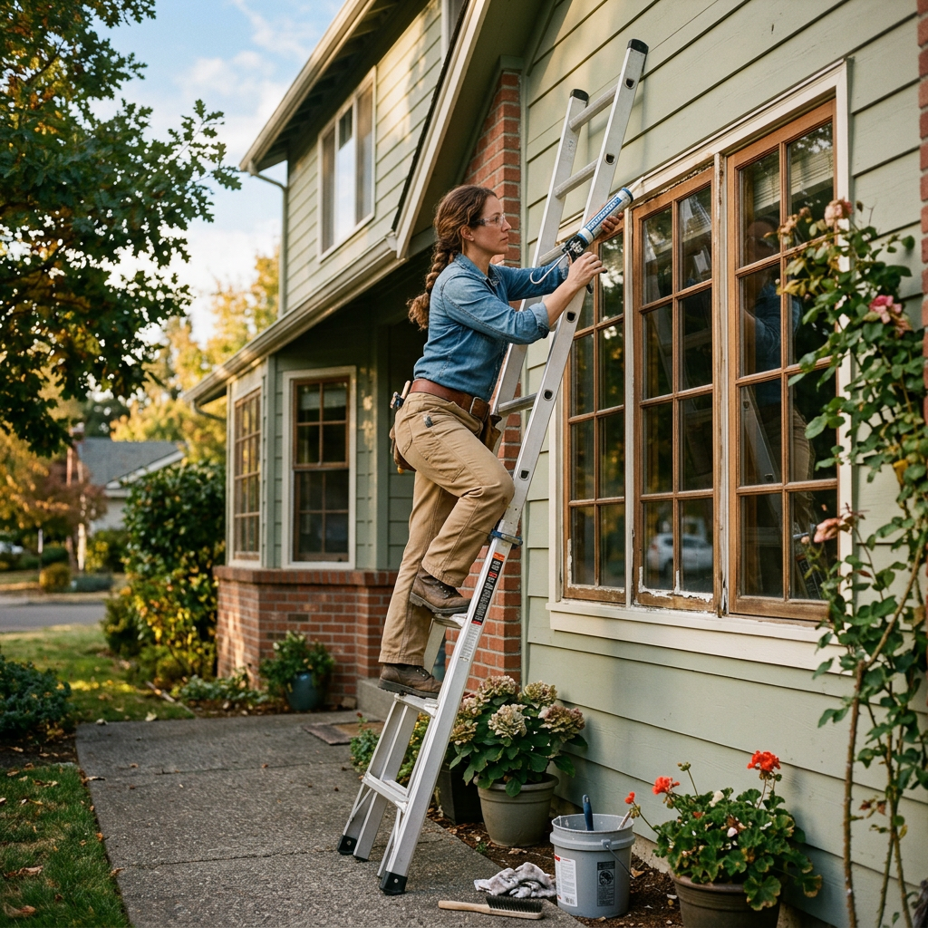 Woman on ladder caulking window